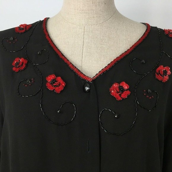 Carole Little Womens Silk Top Black Size 4 Blouse Red Semi Sheer Flower Bead VTG - Picture 8 of 10